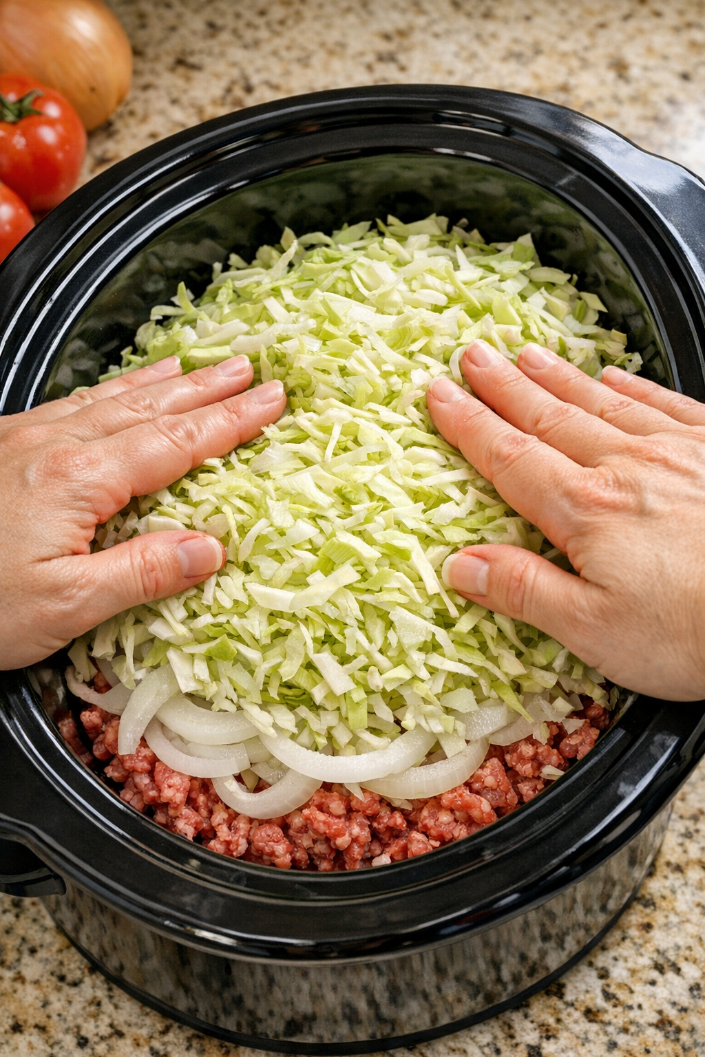 Onion and shredded cabbage layered over beef in the slow cooker