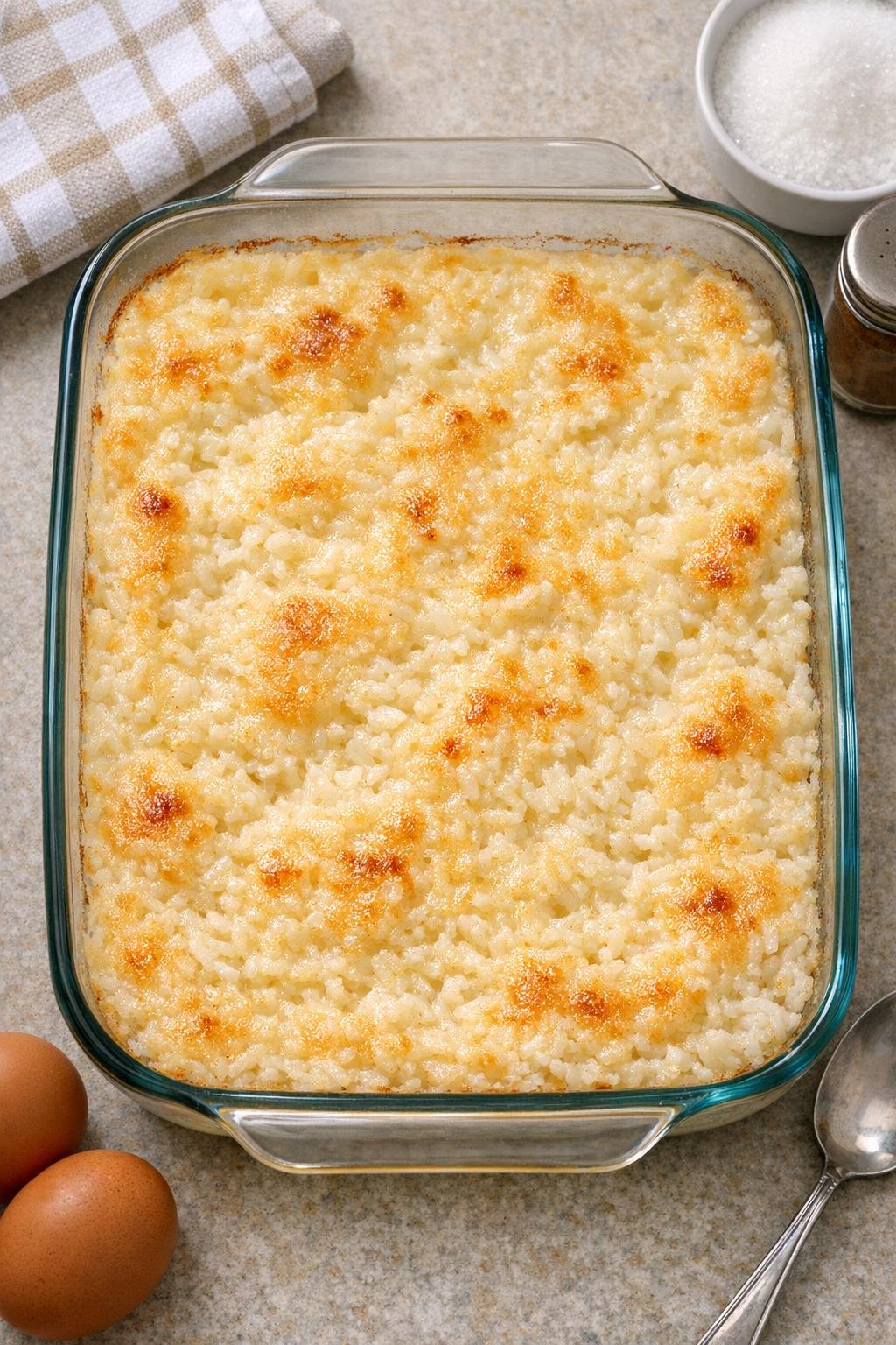 Finished baked rice pudding in a glass baking dish