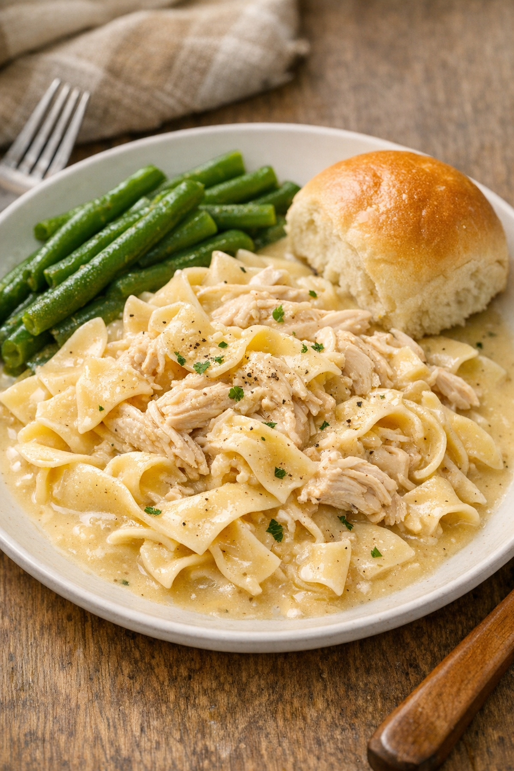 Plated Amish chicken noodle pot with simple sides