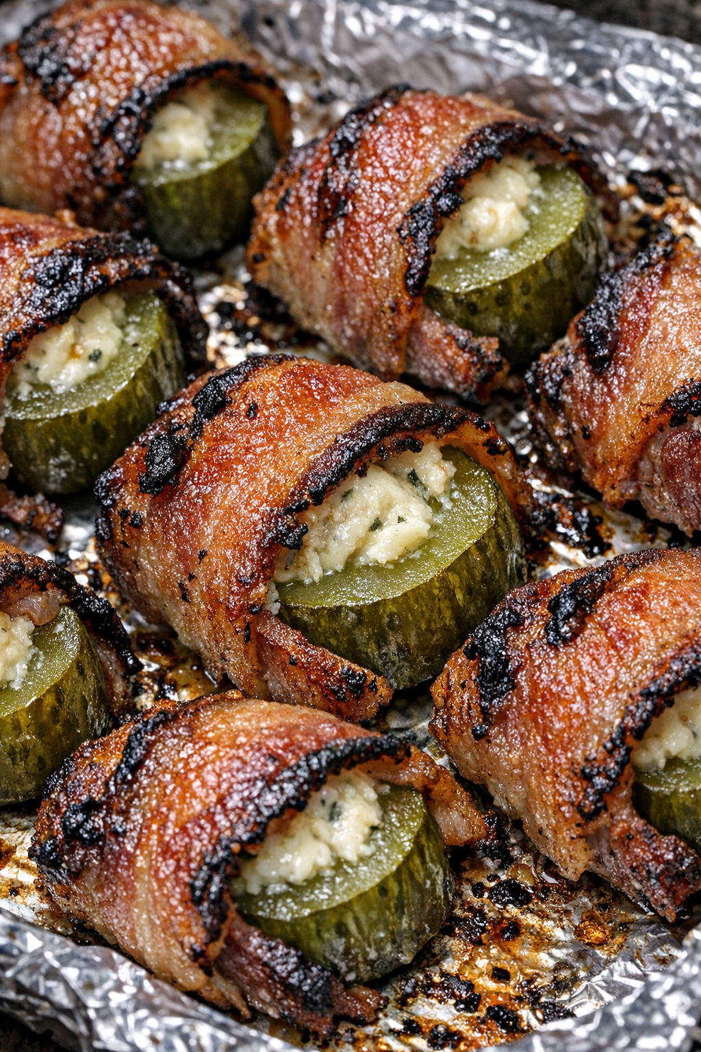 Low carb bacon pickle bites on a foil-lined tray