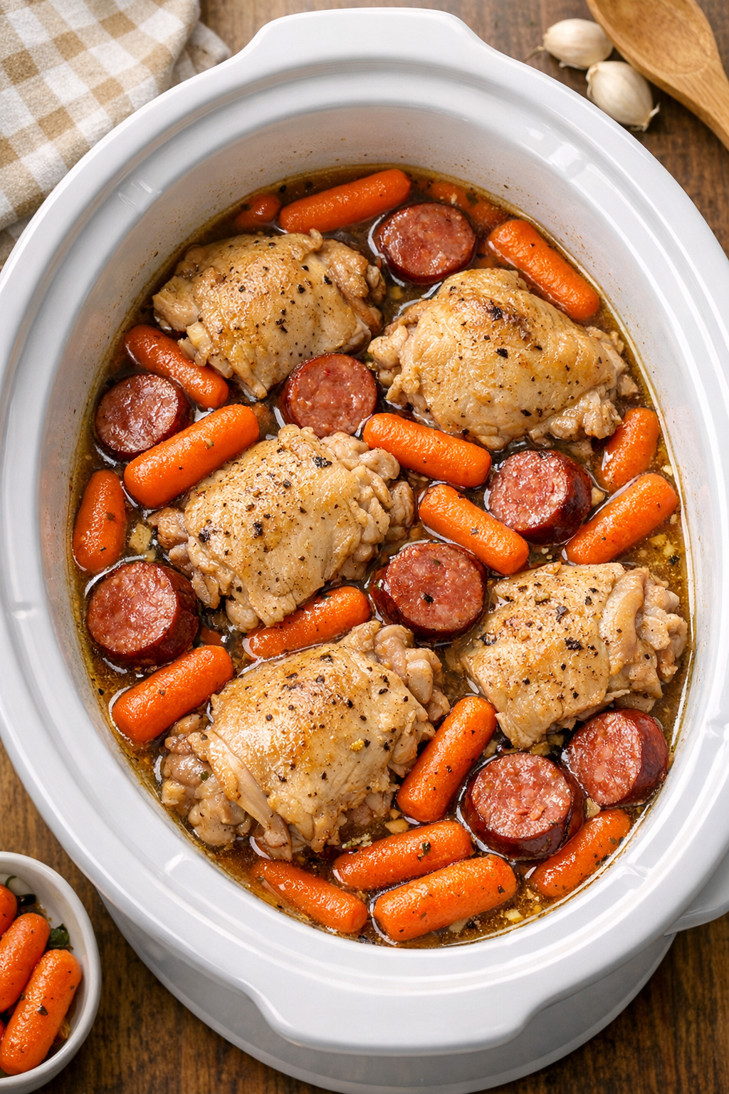 Chicken and sausage with carrots in the slow cooker