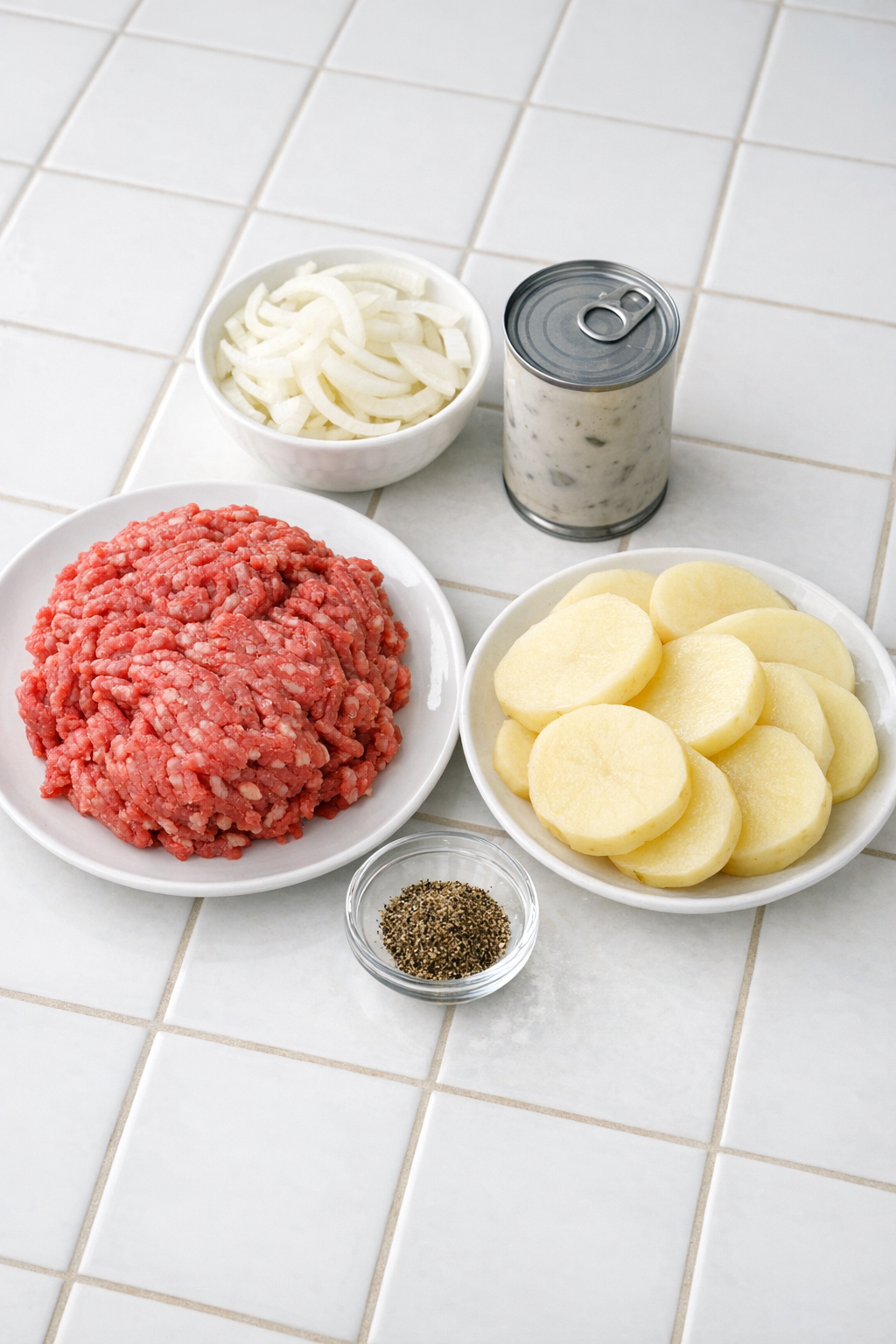 Ground beef, cream of mushroom soup, sliced onion, potatoes, and pepper