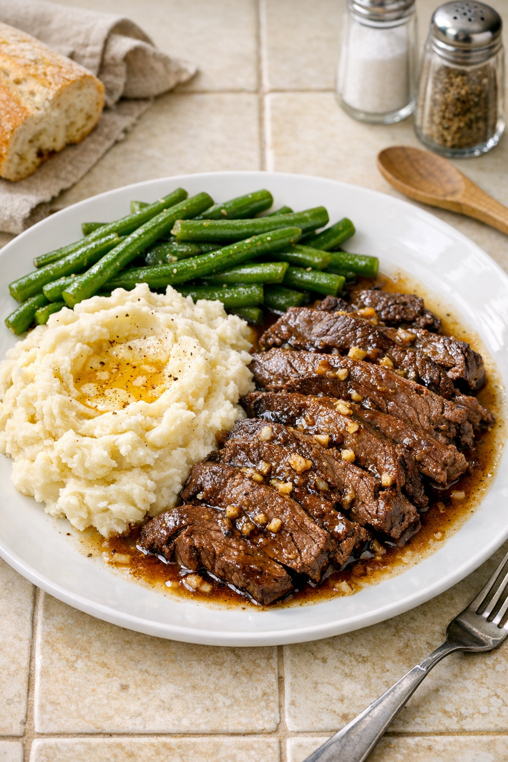 Finished Amish garlic beef plated with mashed potatoes