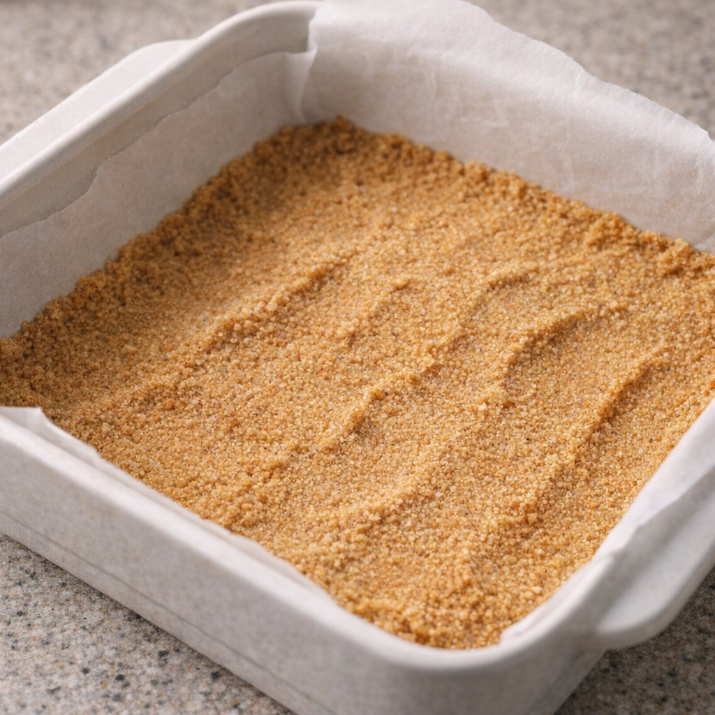 Graham cracker crumb crust pressed into a square baking dish