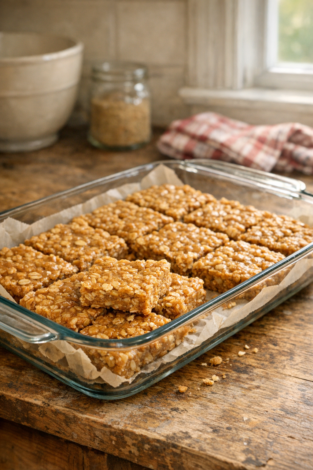 3-ingredient peanut butter oat bars in a glass casserole dish