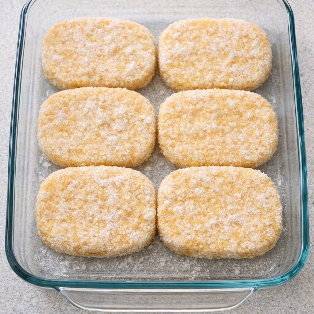Frozen hash brown patties lined up in a glass baking dish