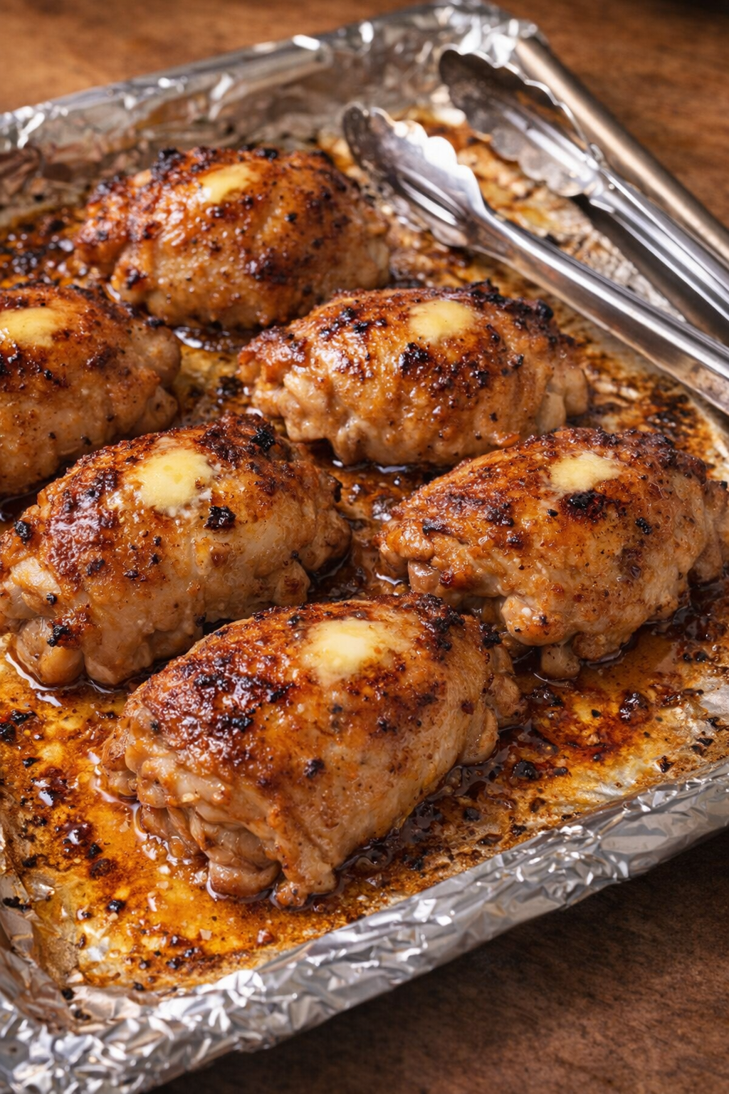 Broiled butter chicken thighs with crisped skin on a baking sheet