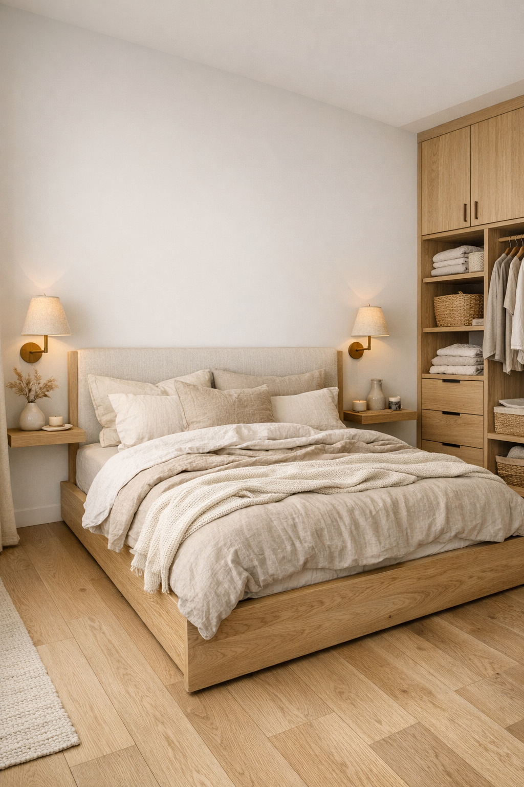 Serene tiny home bedroom with oak platform bed and layered neutral textiles