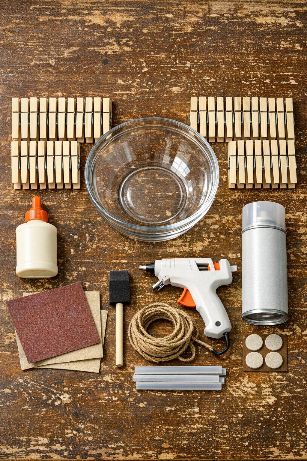 Wooden clothespins, glue, bowl form, and finishing supplies laid out for the project