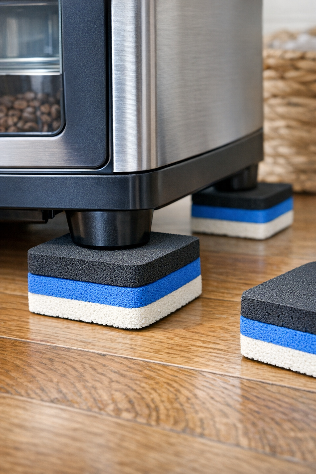 Finished DIY heavy-duty vibration dampeners made from cut foam flip-flops in use under a small appliance
