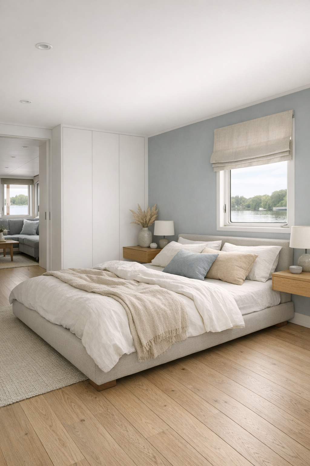 Calm bedroom with a low upholstered bed, soft neutral bedding, and built-in storage