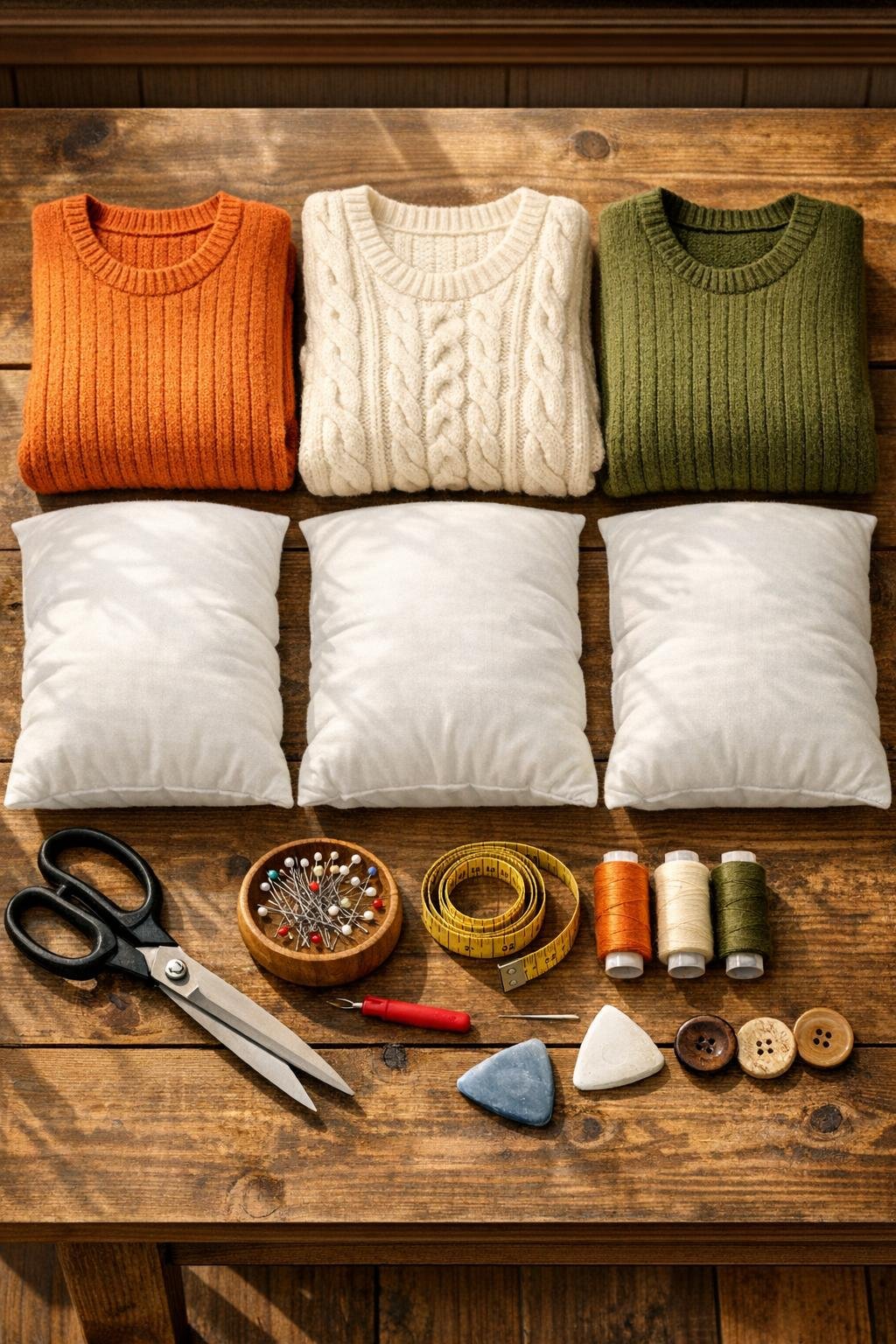 Old wool sweaters and sewing supplies laid out for making pillow covers