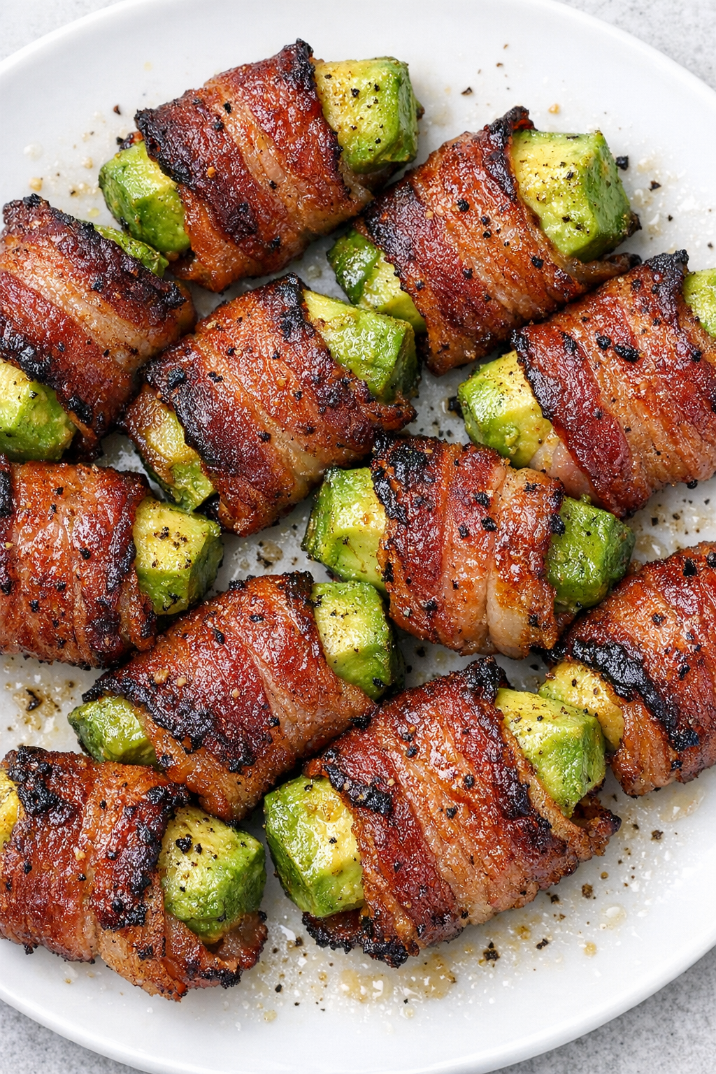 Bacon avocado bites on a white plate