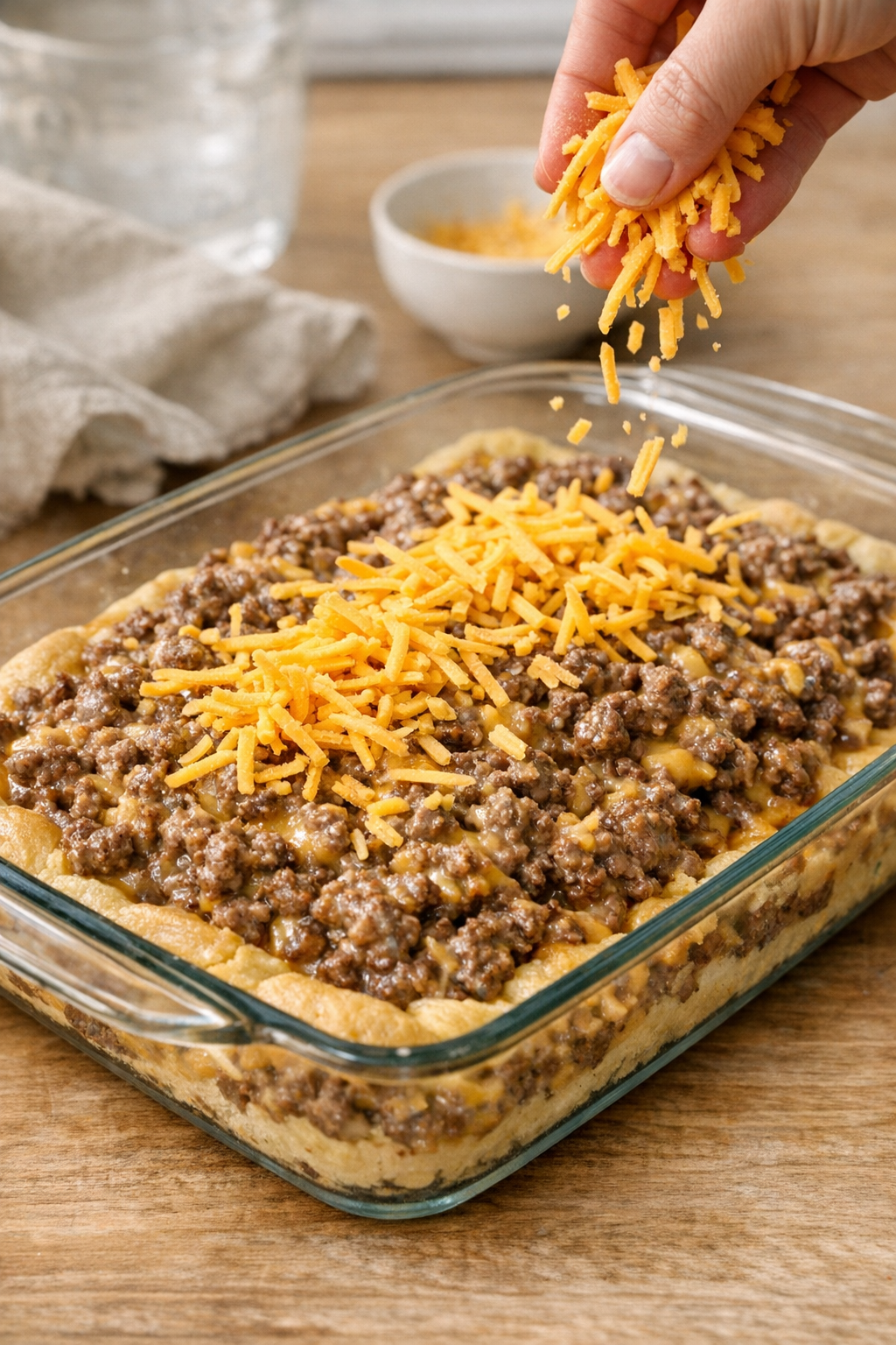 Beef filling and cheddar layered in casserole dish