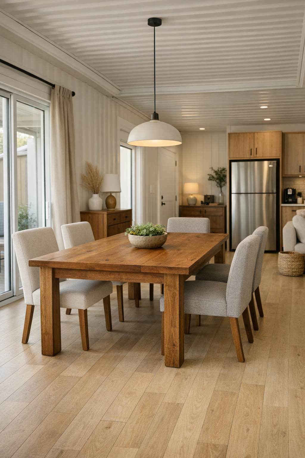 Warm contemporary dining room with a wood table and accessible spacing