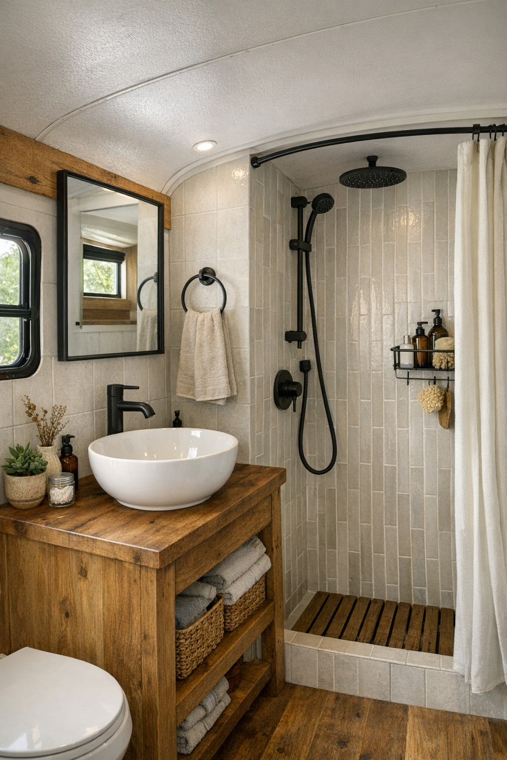 Compact rustic bus bathroom with tiled shower and wood vanity