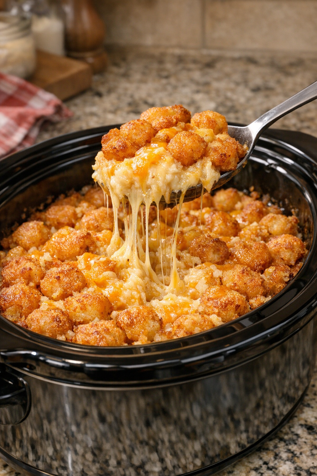 Finished cheesy hash brown casserole served from a black slow cooker
