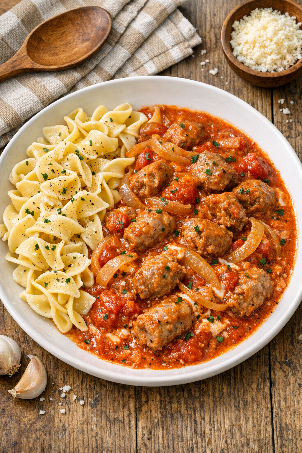 Finished Italian sausage in rich tomato sauce