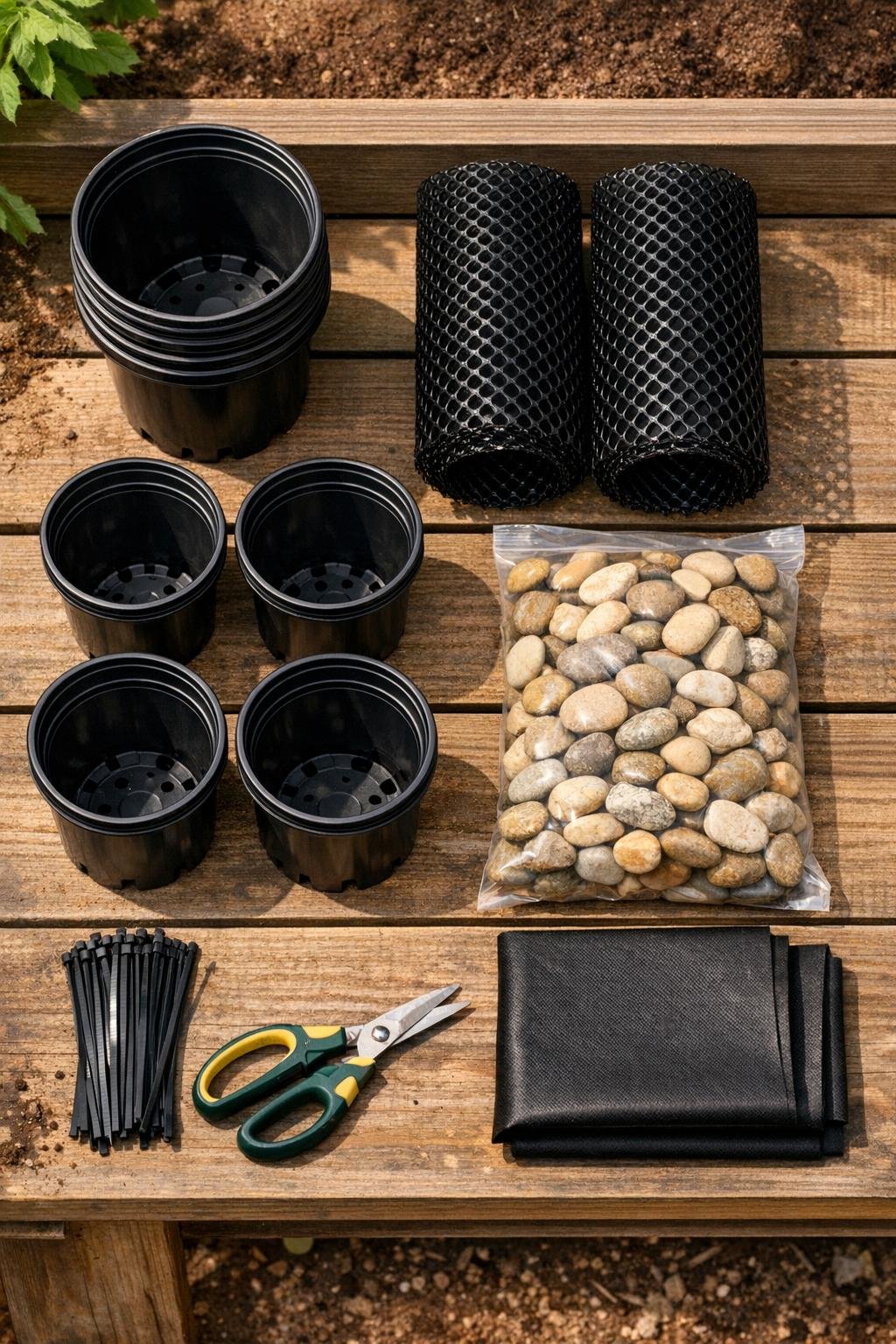 Materials laid out for a potato tower drainage system