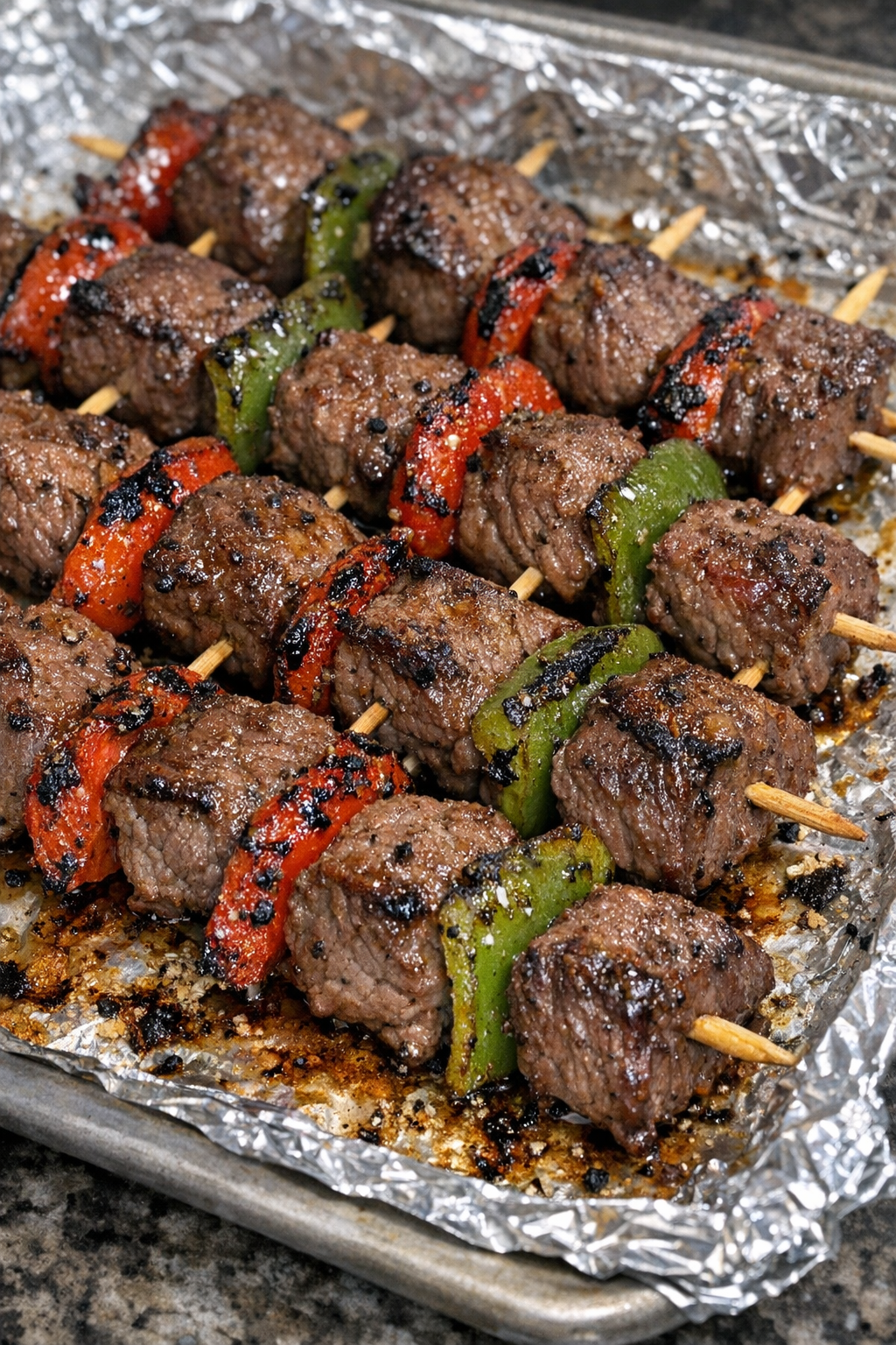 Close-up of baked beef and pepper skewers