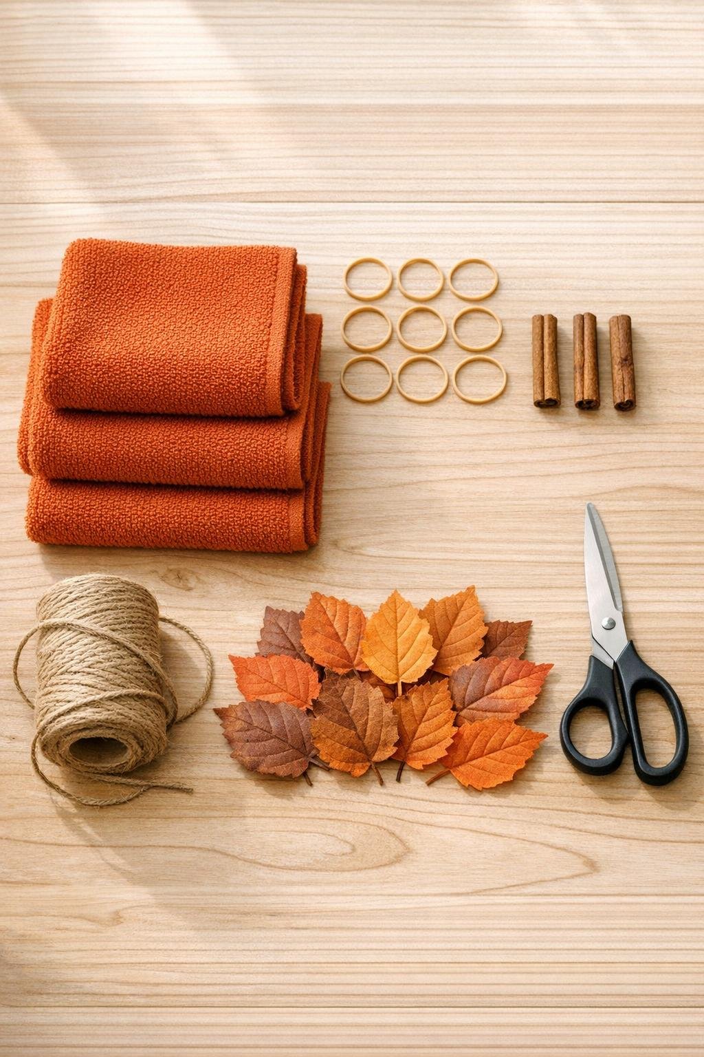 Materials for rolled towel pumpkins laid out on a table