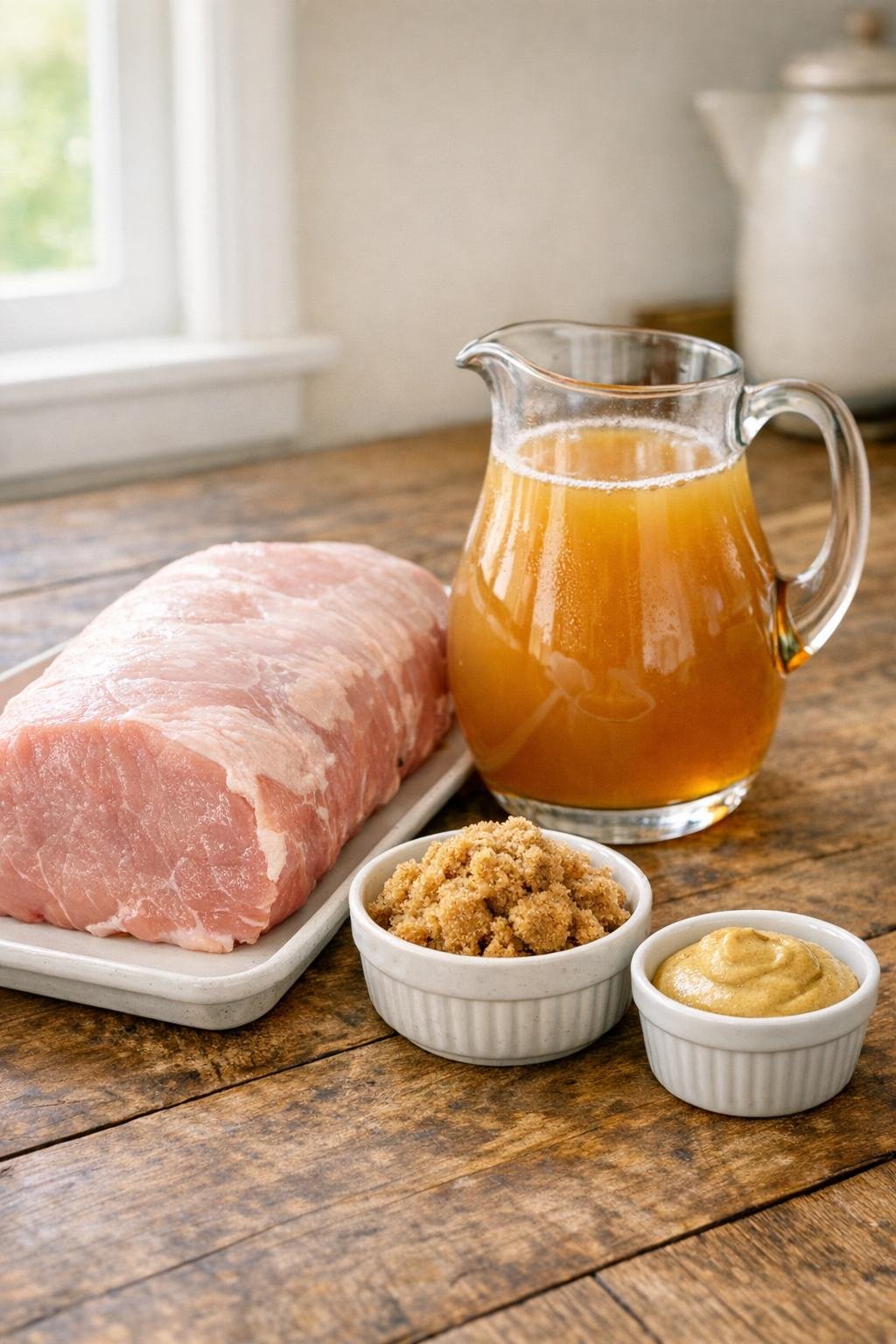 Gebraden varkensvlees met appelcider, bruine suiker en Dijonmosterd.