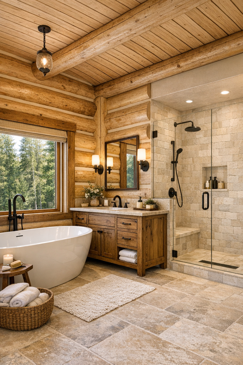 Spa-like bathroom with log walls, freestanding tub, wood vanity, and stone shower