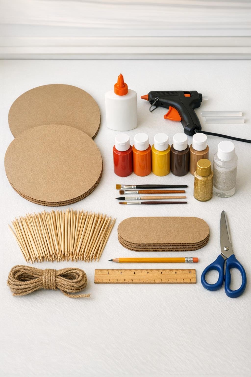 Materials for a cardboard and toothpick harvest starburst laid out on a craft table
