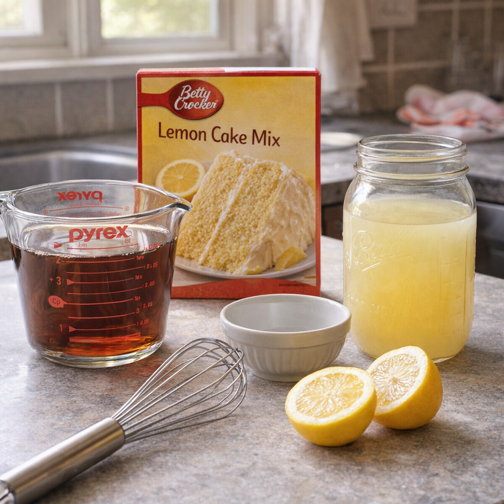 Cake mix, tea, and lemonade ingredients on counter
