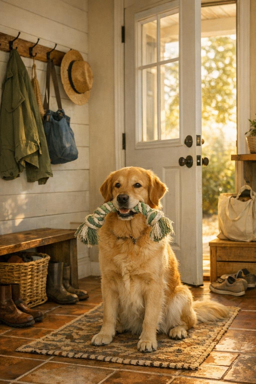 Dog waiting with its usual toy at the same doorway