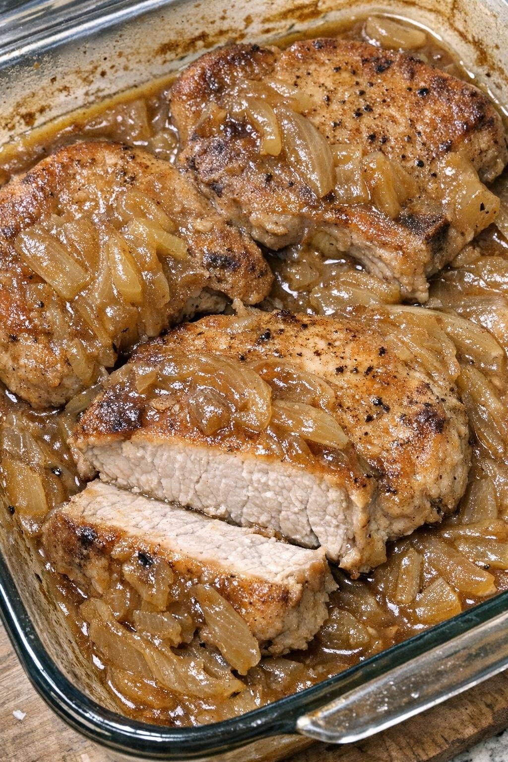 Baked pork chops with onion gravy in a glass dish