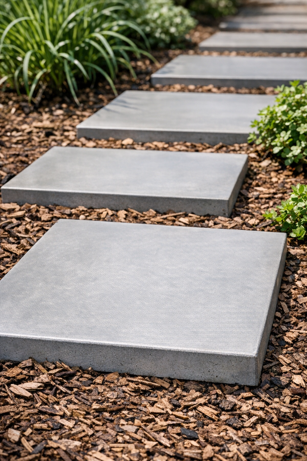 Finished smooth cement garden slabs arranged in a garden path