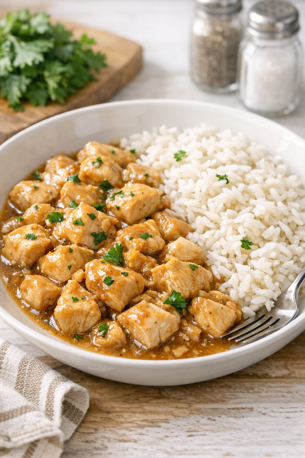 Finished slow cooker chicken dinner plated with sauce