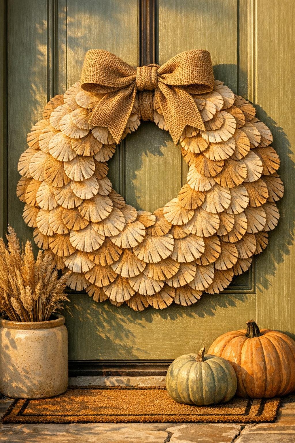 Finished heirloom-style feather wreath made from tea-stained makeup remover pads