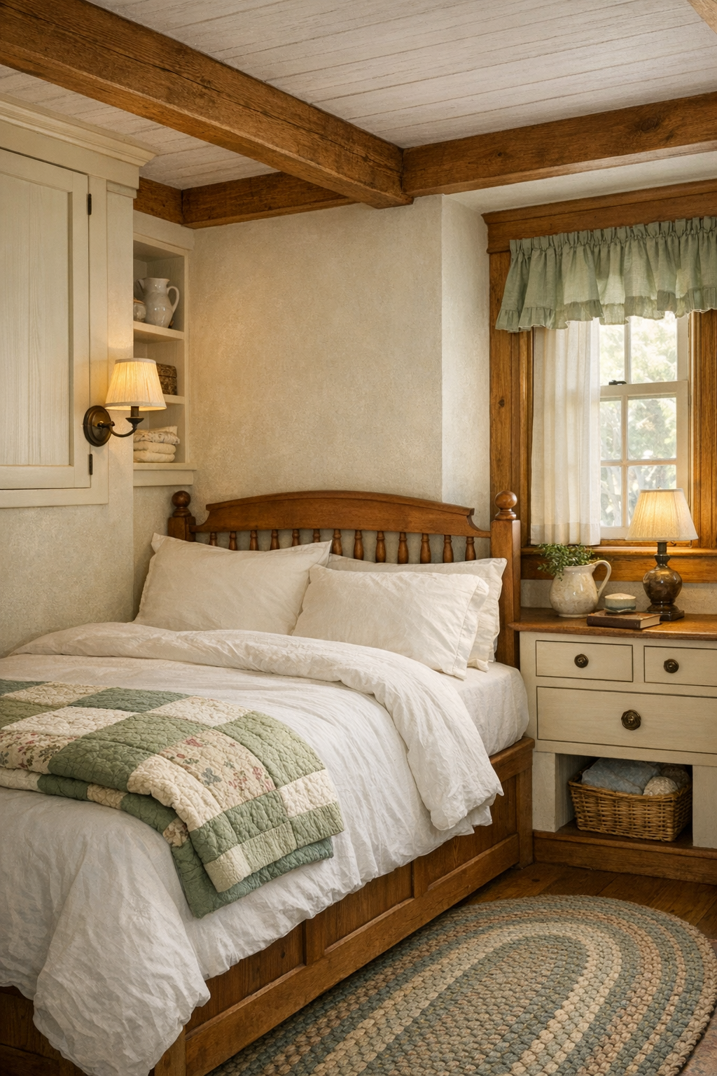 Quiet tiny bedroom with quilted bedding, wood headboard, and soft sage accents