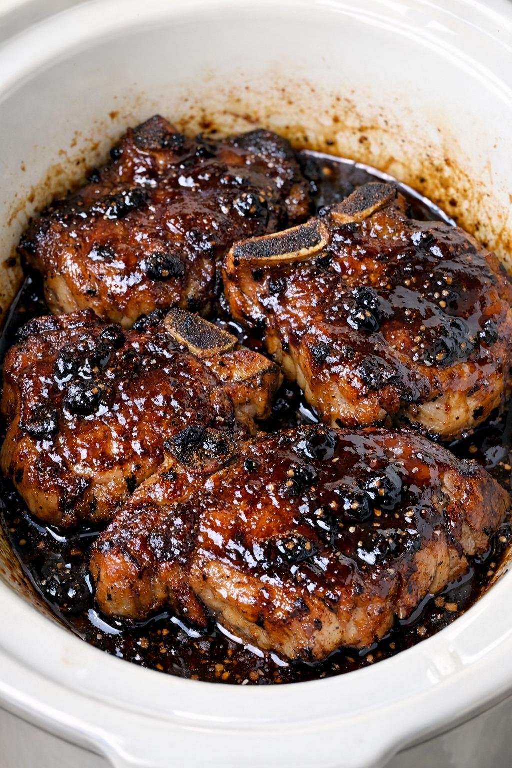 Slow cooker fig balsamic pork chops in a white slow cooker