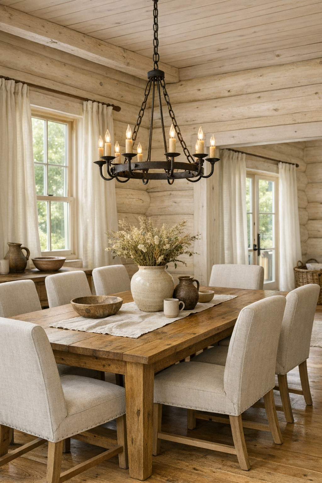 Dining room with handcrafted wood table, upholstered chairs, and warm chandelier