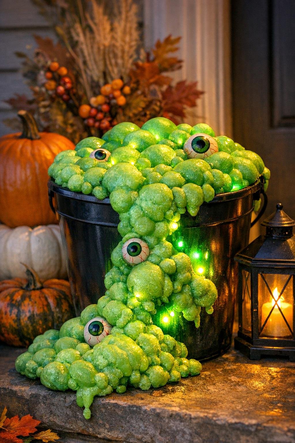 Finished bubbling witch cauldron overflow displayed for Halloween
