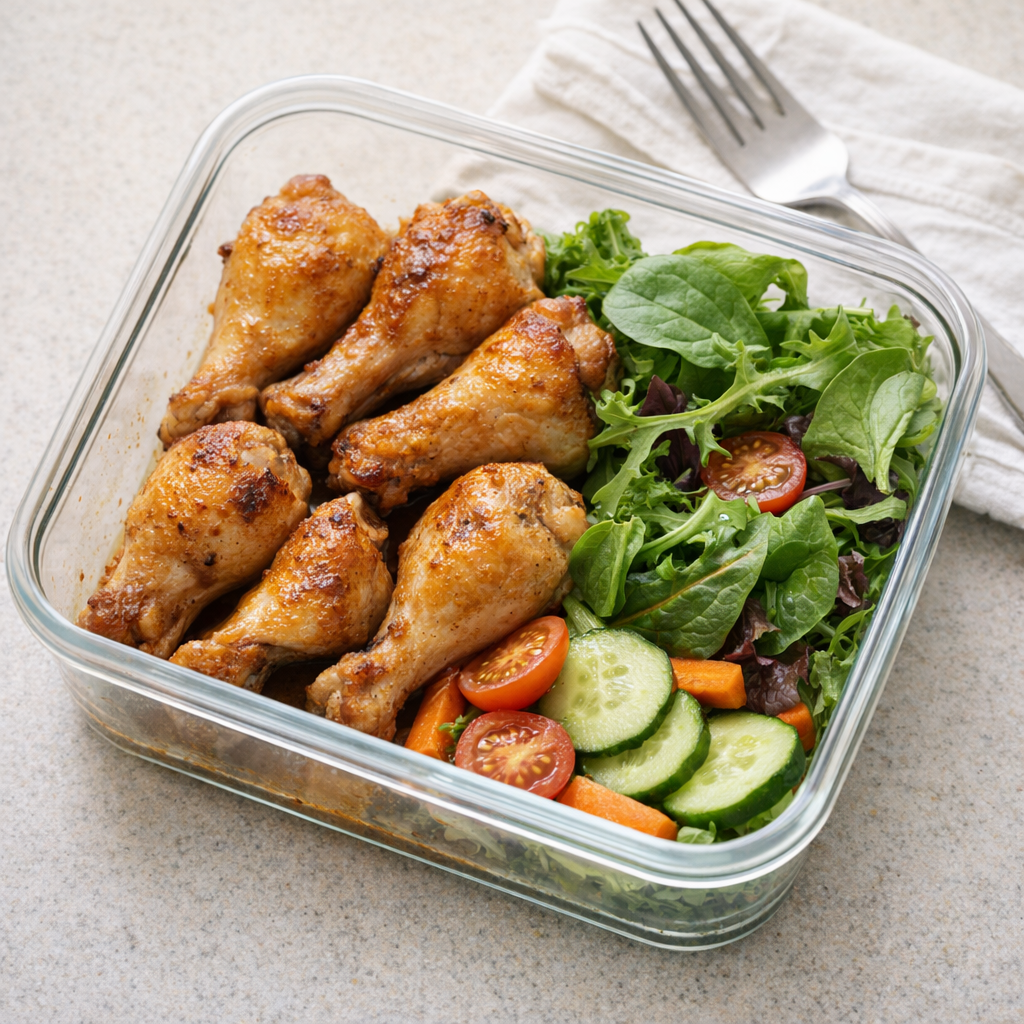 Leftover chicken drumettes packed for lunch with greens