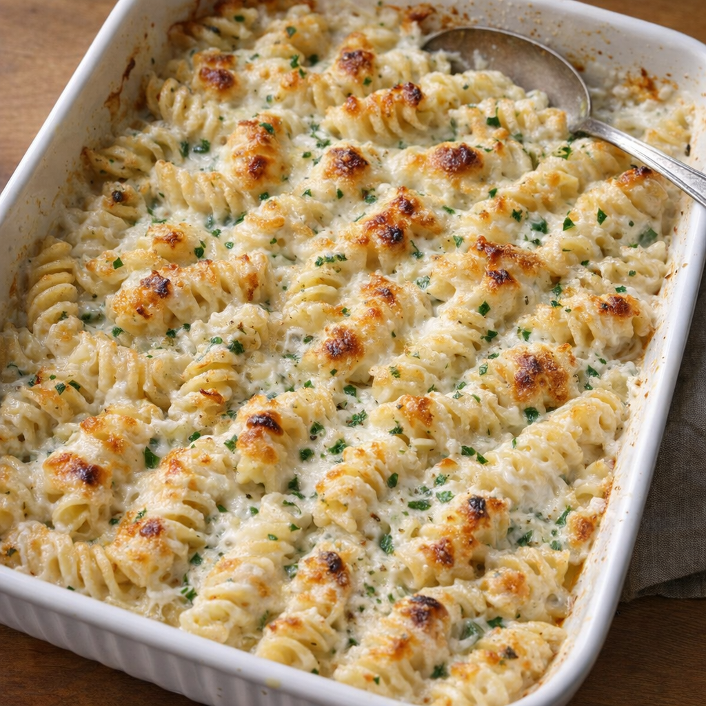 Freshly baked ranch rotini in a casserole dish