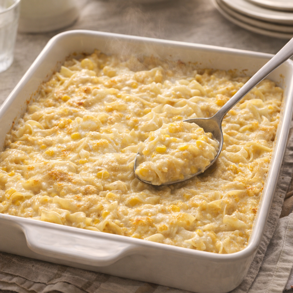 Creamy corn noodles casserole in a baking dish