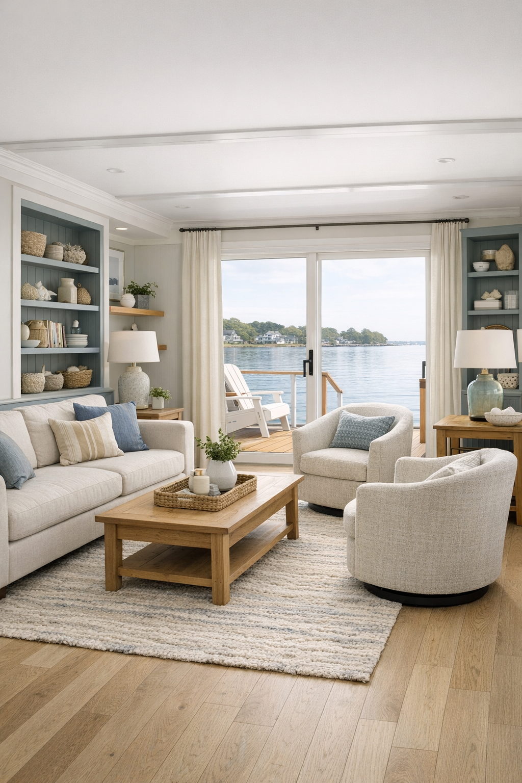 Bright coastal living room with pale oak floors, linen seating, and wide water-facing windows
