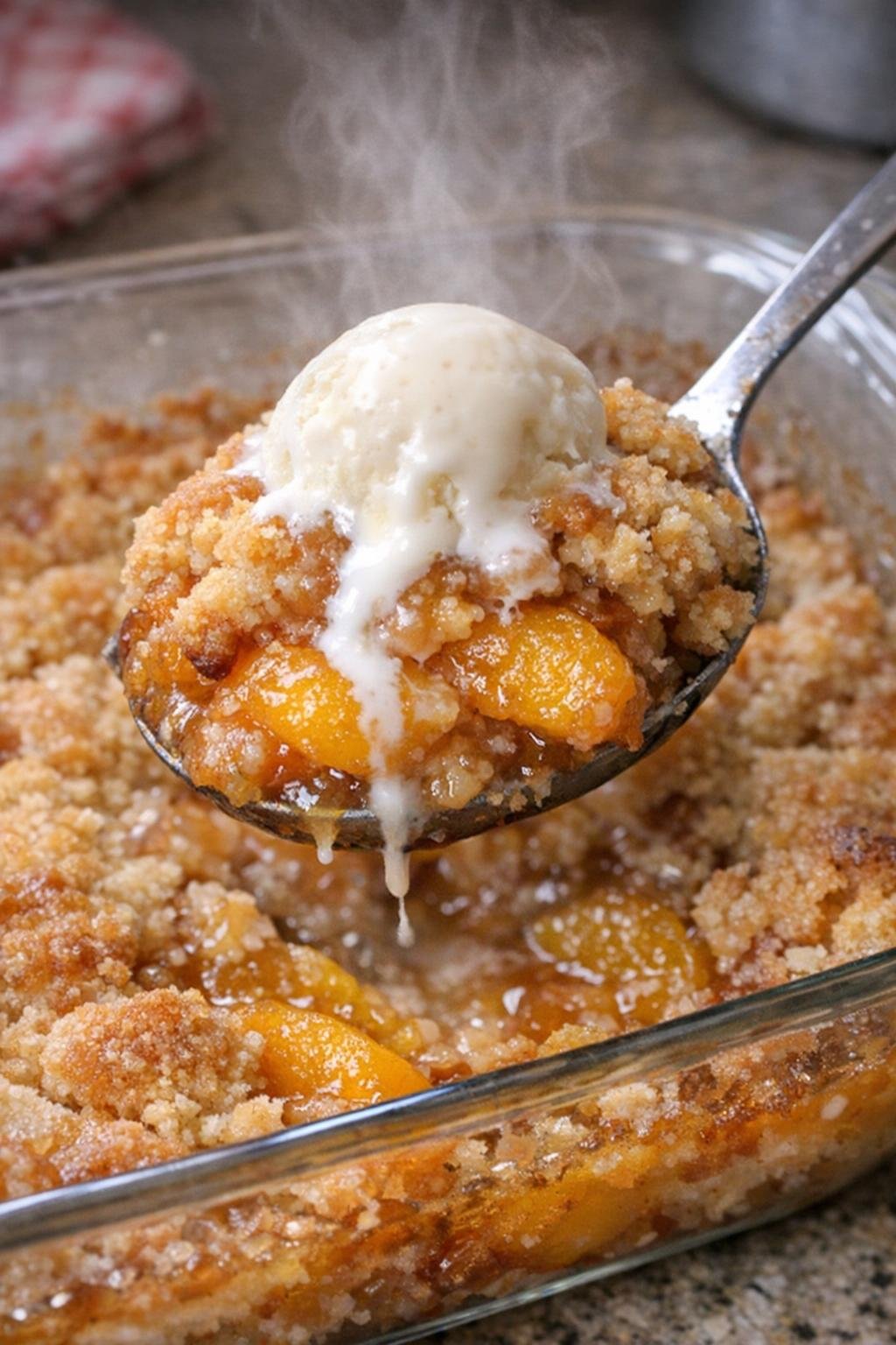 Peach cobbler in a glass baking dish with a spoon lifting a scoop