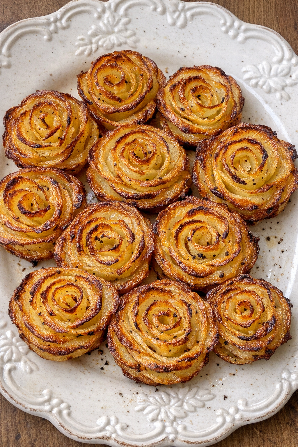 Golden potato rose swirls on a vintage white platter