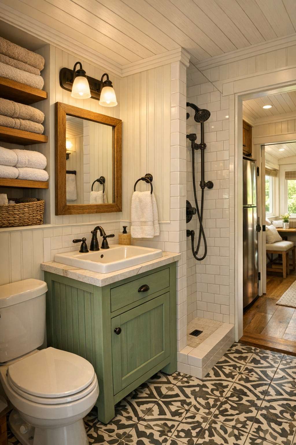 Charming bathroom with beadboard walls, a painted wood vanity, and white tile