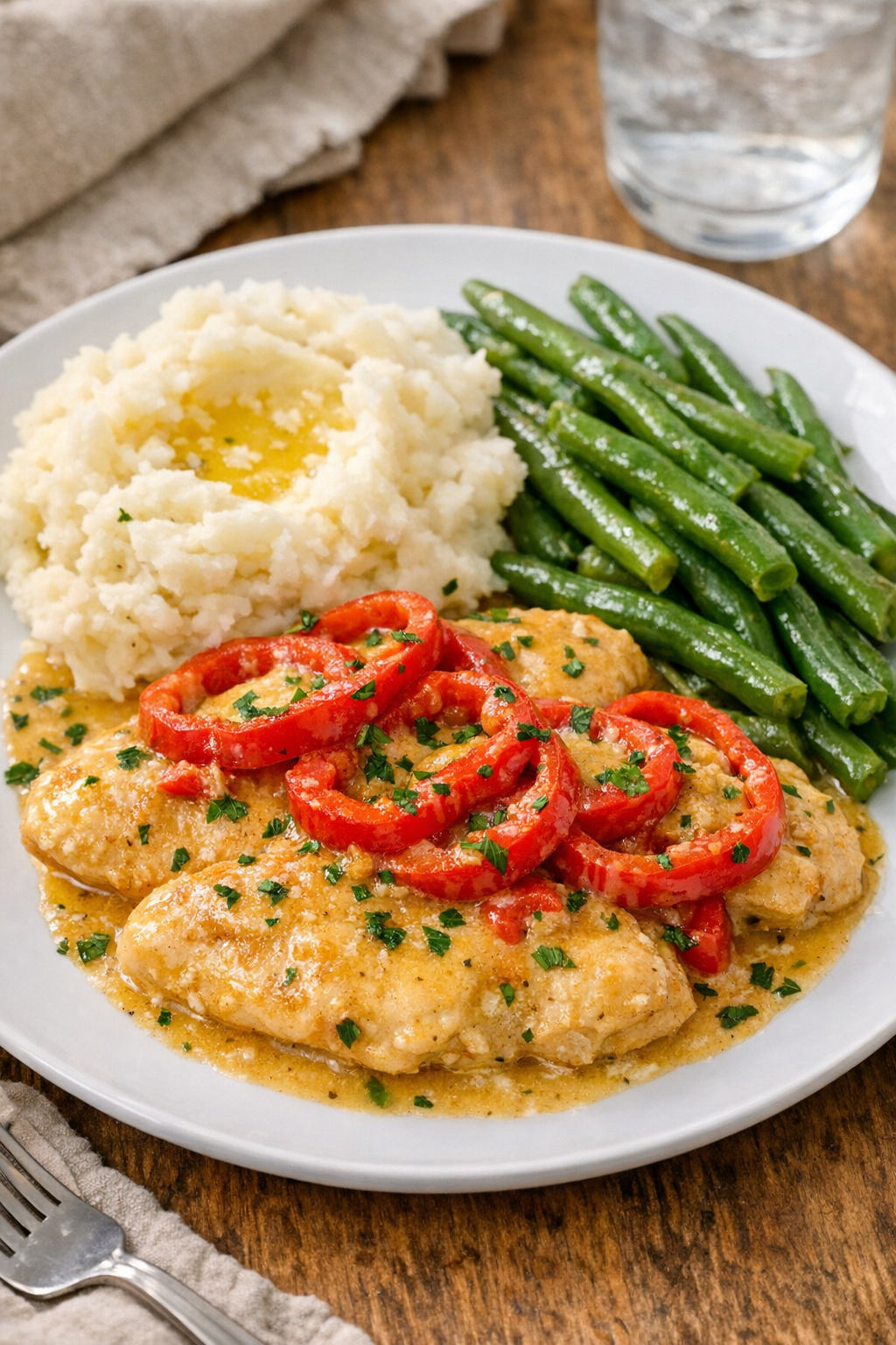 Finished slow cooker chicken plated with sauce and vegetables
