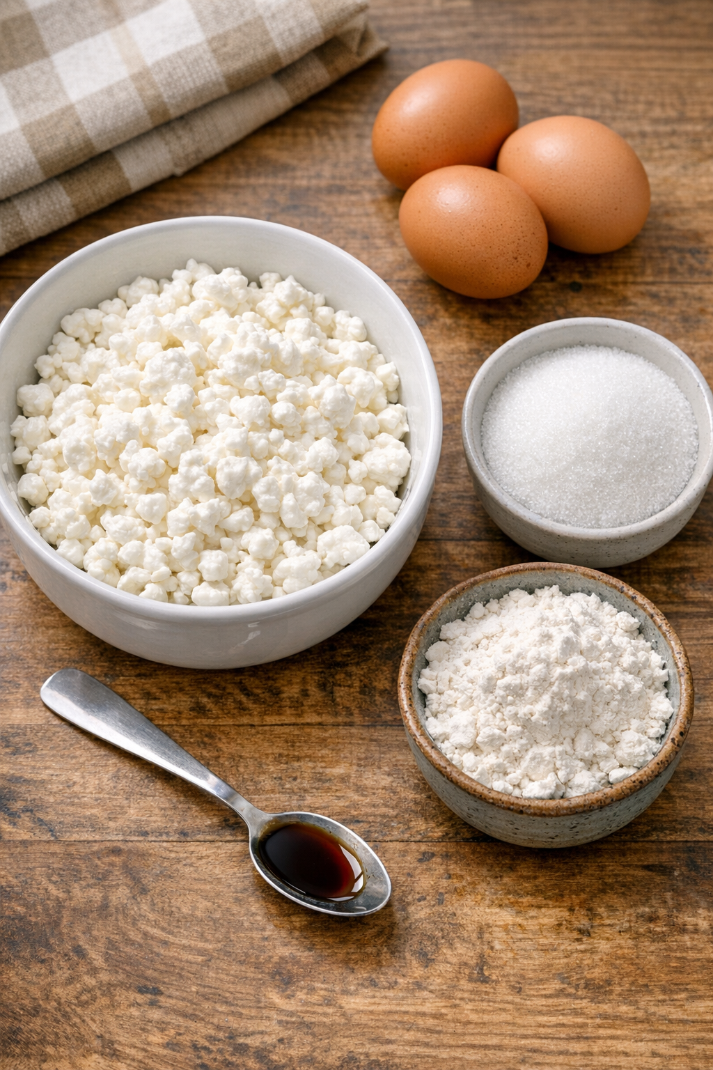 Measured ingredients for baked cottage cheese dessert