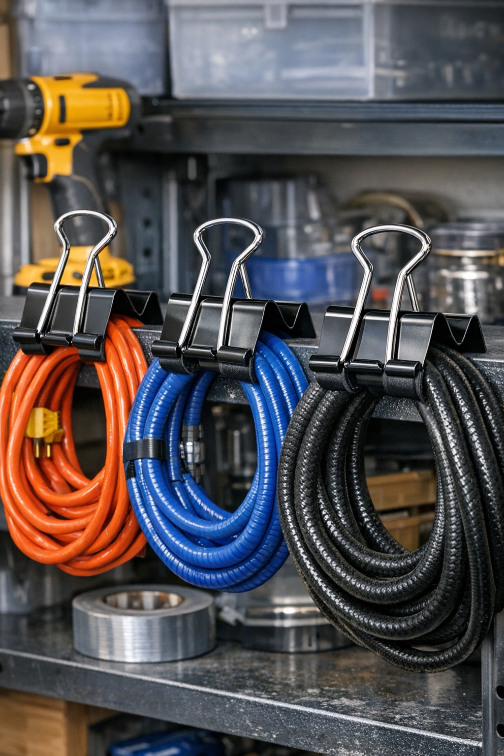 Finished heavy-duty garage cable clamps made from bent binder clips