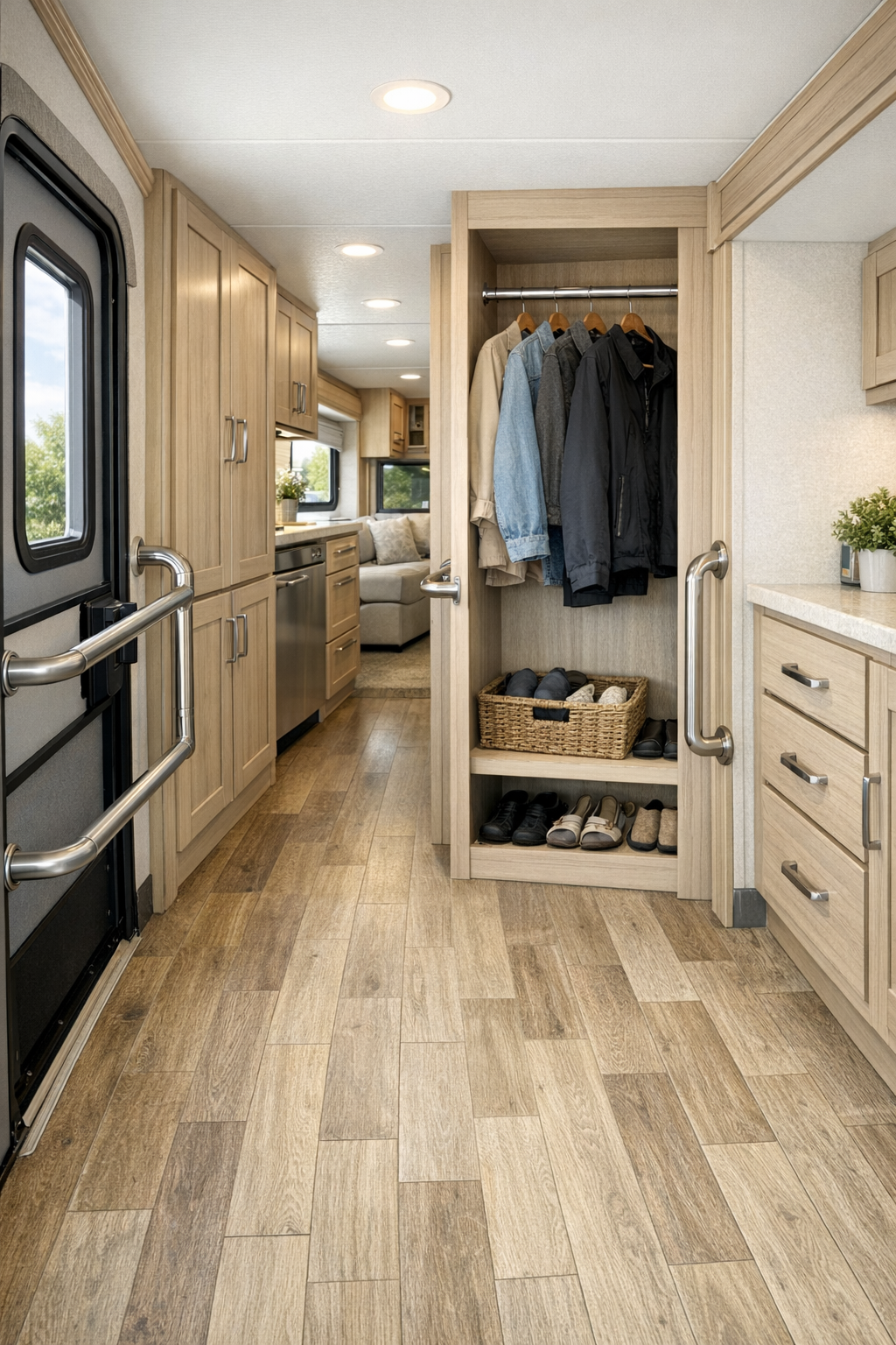 Accessible RV hallway and entry area with built-in storage and open circulation