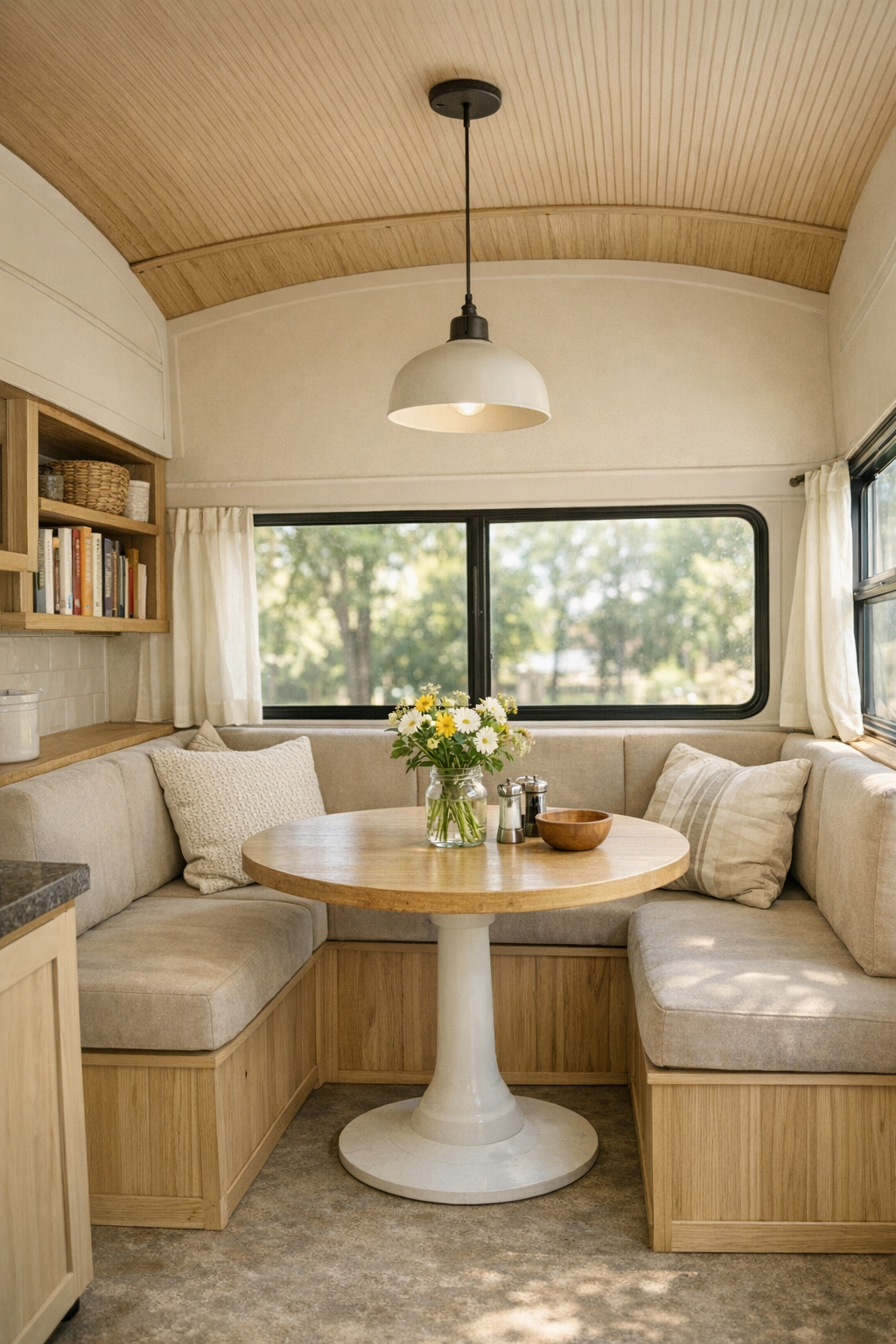 Bright dining nook in a converted bus with banquette seating and a small pedestal table